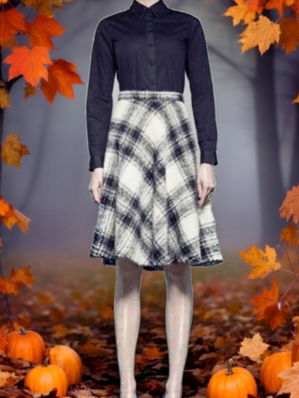 Pink Tartan Monochrome Black&White Plaid Midi Skirt with pockets
